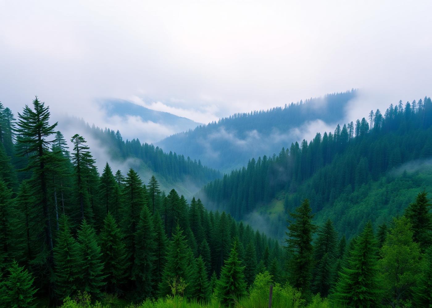 Vale com mata de araucárias e neblina ao amanhecer