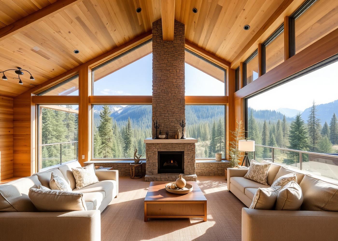 Sala de estar da cabana com lareira e vista panorâmica para a montanha